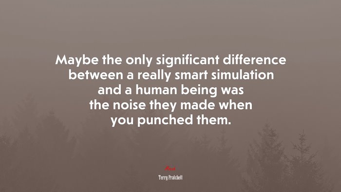 Maybe the only significant difference between a really smart simulation and a human being was the noise they made when you punched them. | Terry Pratchett quote