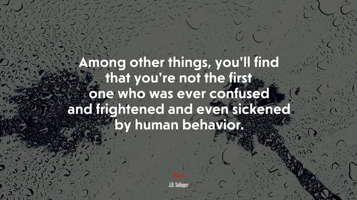 Among other things, you’ll find that you’re not the first one who was ever confused and frightened and even sickened by human behavior. | J.D. Salinger quote