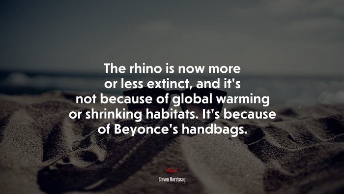 The rhino is now more or less extinct, and it’s not because of global warming or shrinking habitats. It’s because of Beyonce’s handbags. | Steven Morrissey quote