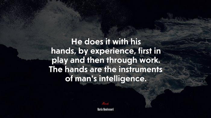 He does it with his hands, by experience, first in play and then through work. The hands are the instruments of man’s intelligence. | Maria Montessori quote