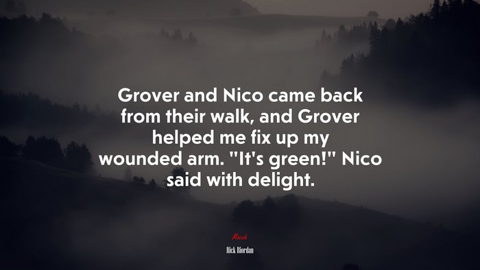 Grover and Nico came back from their walk, and Grover helped me fix up my wounded arm. “It’s green!” Nico said with delight. | Rick Riordan quote