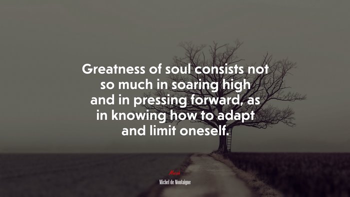 Greatness of soul consists not so much in soaring high and in pressing forward, as in knowing how to adapt and limit oneself. | Michel de Montaigne quote