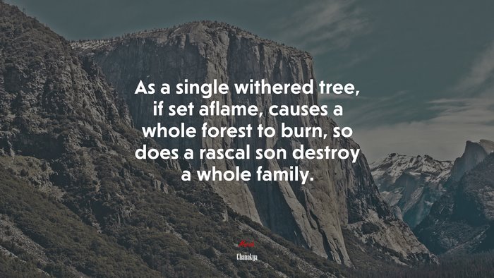 As a single withered tree, if set aflame, causes a whole forest to burn, so does a rascal son destroy a whole family. | Chanakya quote