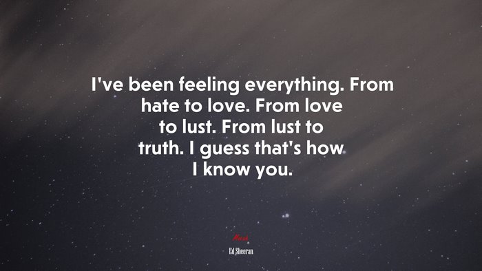 I’ve been feeling everything. From hate to love. From love to lust. From lust to truth. I guess that’s how I know you. | Ed Sheeran quote