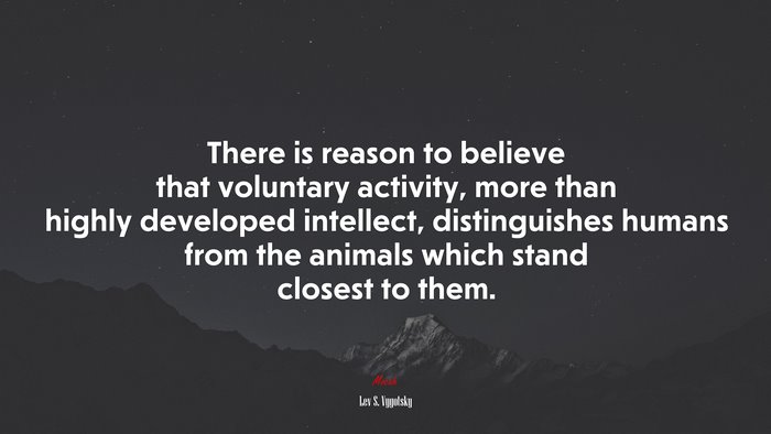 There is reason to believe that voluntary activity, more than highly developed intellect, distinguishes humans from the animals which stand closest to them. | Lev S. Vygotsky quote