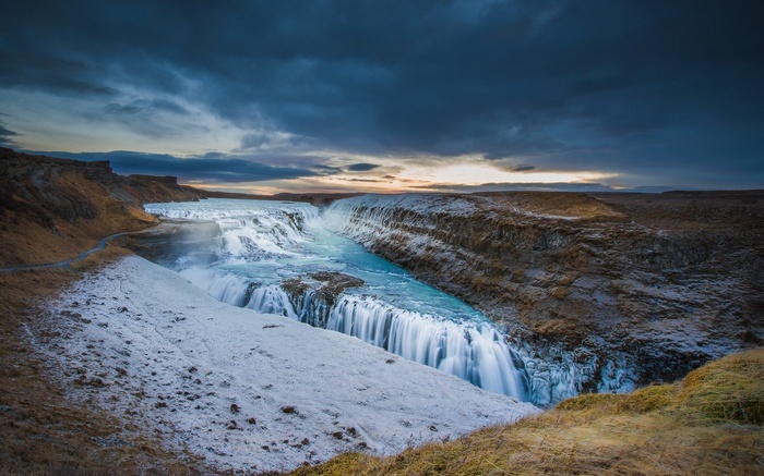 Gullfoss Waterfall in Iceland during sunset