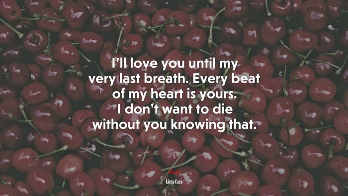 I’ll love you until my very last breath. Every beat of my heart is yours. I don’t want to die without you knowing that. | Kiera Cass quote