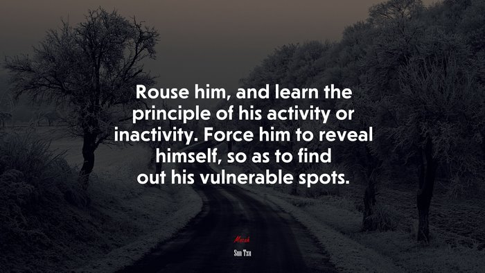 Rouse him, and learn the principle of his activity or inactivity. Force him to reveal himself, so as to find out his vulnerable spots. | Sun Tzu quote