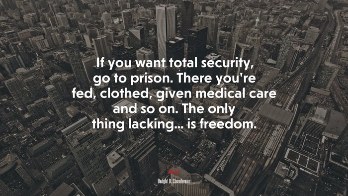 If you want total security, go to prison. There you’re fed, clothed, given medical care and so on. The only thing lacking... is freedom. | Dwight D. Eisenhower quote