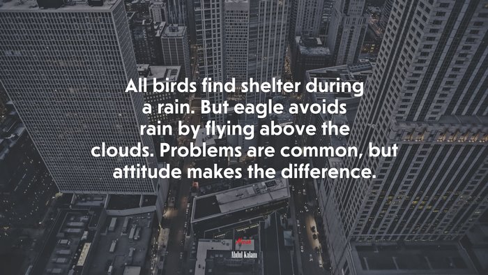 All birds find shelter during a rain. But eagle avoids rain by flying above the clouds. Problems are common, but attitude makes the difference. | Abdul Kalam quote