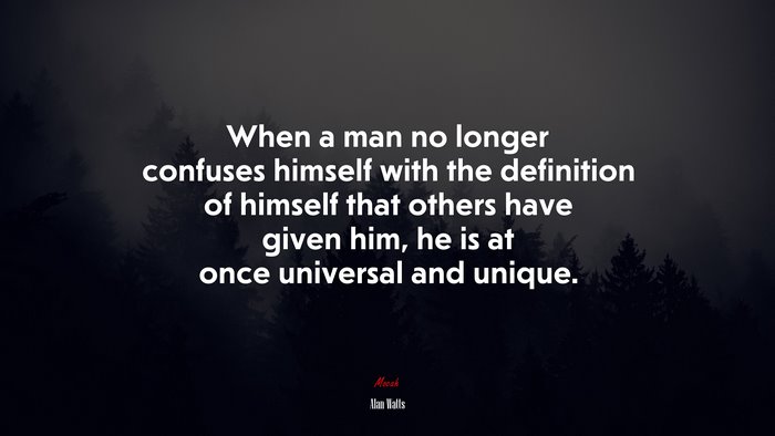 When a man no longer confuses himself with the definition of himself that others have given him, he is at once universal and unique. | Alan Watts quote