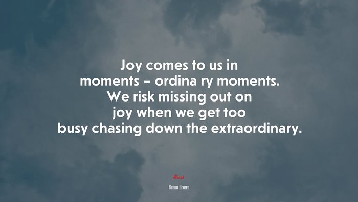 Joy comes to us in moments – ordina ry moments. We risk missing out on joy when we get too busy chasing down the extraordinary. | Brené Brown quote