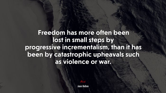 Freedom has more often been lost in small steps by progressive incrementalism, than it has been by catastrophic upheavals such as violence or war. | James Madison quote