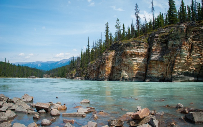 River flowing past a rocky cliff with trees