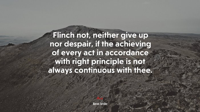 Flinch not, neither give up nor despair, if the achieving of every act in accordance with right principle is not always continuous with thee. | Marcus Aurelius quote