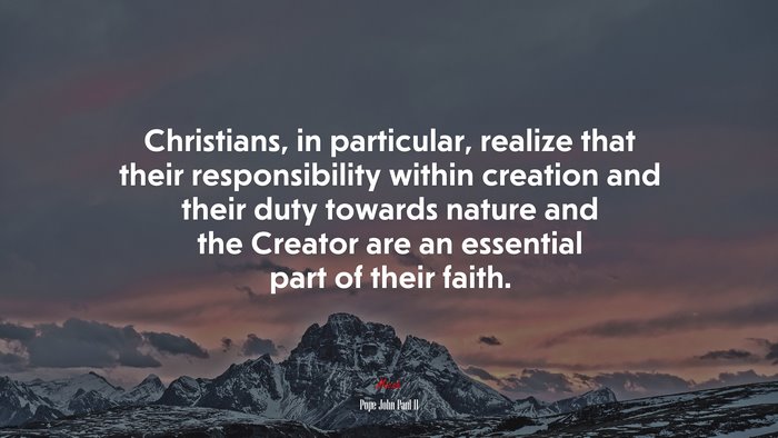 Christians, in particular, realize that their responsibility within creation and their duty towards nature and the Creator are an essential part of their faith. | Pope John Paul II quote