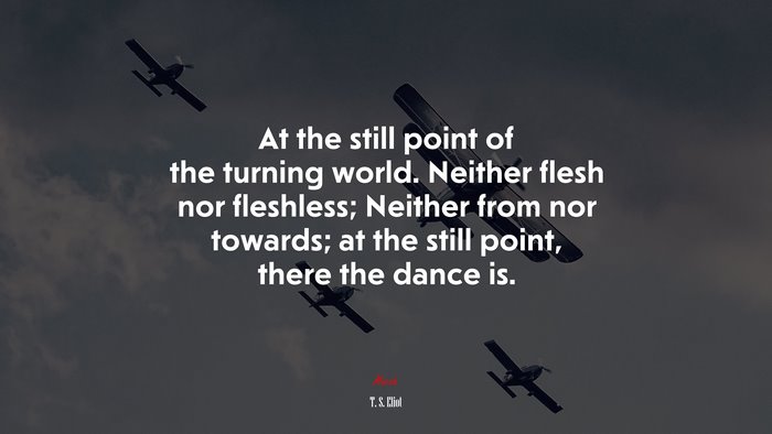 At the still point of the turning world. Neither flesh nor fleshless; Neither from nor towards; at the still point, there the dance is. | T. S. Eliot quote