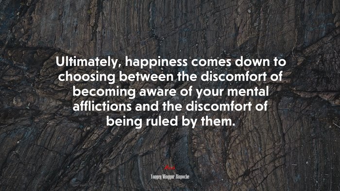 Ultimately, happiness comes down to choosing between the discomfort of becoming aware of your mental afflictions and the discomfort of being ruled by them. | Yongey Mingyur Rinpoche quote