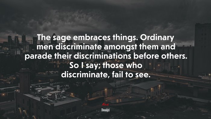 The sage embraces things. Ordinary men discriminate amongst them and parade their discriminations before others. So I say; those who discriminate, fail to see. | Zhuangzi quote