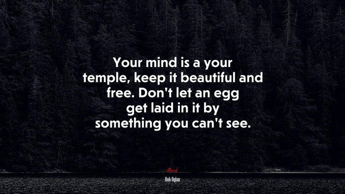 Your mind is a your temple, keep it beautiful and free. Don’t let an egg get laid in it by something you can’t see. | Bob Dylan quote