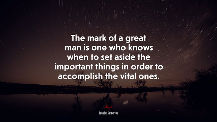 The mark of a great man is one who knows when to set aside the important things in order to accomplish the vital ones. | Brandon Sanderson quote