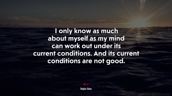 I only know as much about myself as my mind can work out under its current conditions. And its current conditions are not good. | Douglas Adams quote