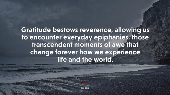 Gratitude bestows reverence, allowing us to encounter everyday epiphanies, those transcendent moments of awe that change forever how we experience life and the world. | John Milton quote