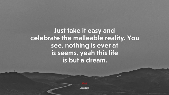 Just take it easy and celebrate the malleable reality. You see, nothing is ever at is seems, yeah this life is but a dream. | Jason Mraz quote