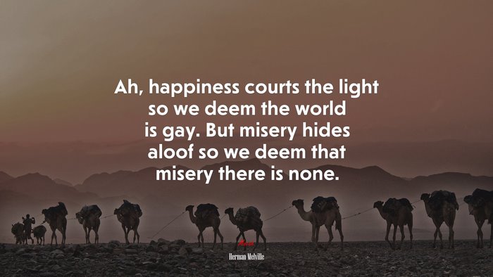 Ah, happiness courts the light so we deem the world is gay. But misery hides aloof so we deem that misery there is none. | Herman Melville quote