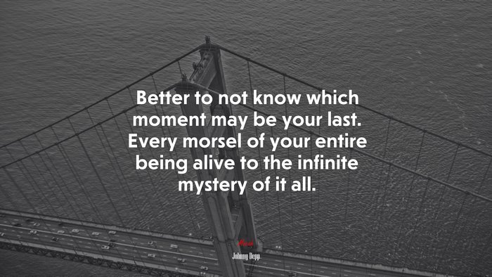 Better to not know which moment may be your last. Every morsel of your entire being alive to the infinite mystery of it all. | Johnny Depp quote