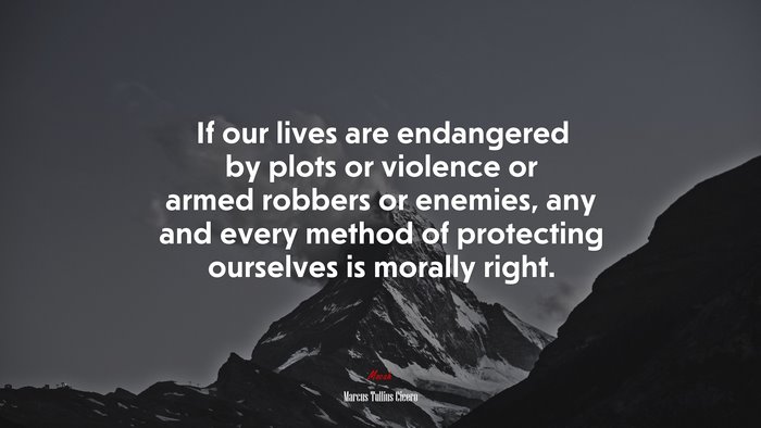 If our lives are endangered by plots or violence or armed robbers or enemies, any and every method of protecting ourselves is morally right. | Marcus Tullius Cicero quote