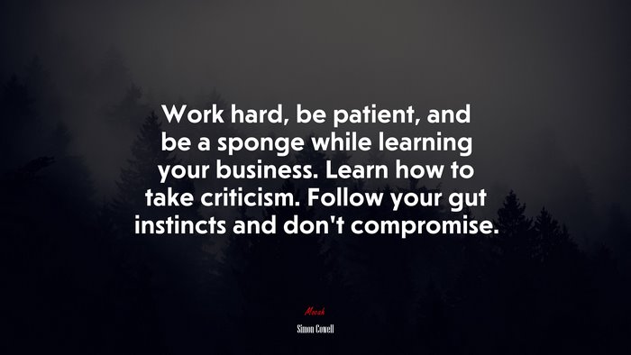 Work hard, be patient, and be a sponge while learning your business. Learn how to take criticism. Follow your gut instincts and don’t compromise. | Simon Cowell quote