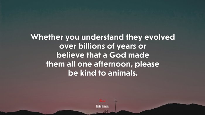 Whether you understand they evolved over billions of years or believe that a God made them all one afternoon, please be kind to animals. | Ricky Gervais quote