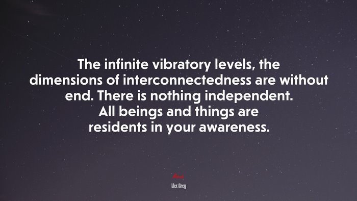 The infinite vibratory levels, the dimensions of interconnectedness are without end. There is nothing independent. All beings and things are residents in your awareness. | Alex Grey quote