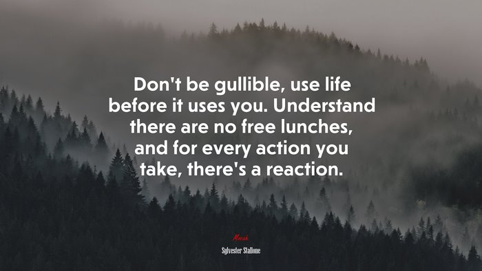 Don’t be gullible, use life before it uses you. Understand there are no free lunches, and for every action you take, there’s a reaction. | Sylvester Stallone quote