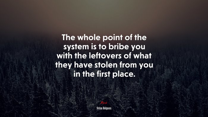 The whole point of the system is to bribe you with the leftovers of what they have stolen from you in the first place. | Stefan Molyneux quote