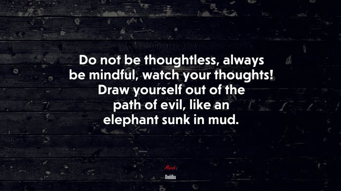 Do not be thoughtless, always be mindful, watch your thoughts! Draw yourself out of the path of evil, like an elephant sunk in mud. | Buddha quote