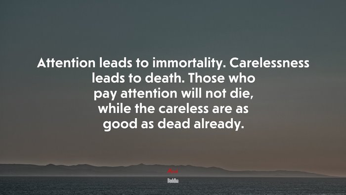 Attention leads to immortality. Carelessness leads to death. Those who pay attention will not die, while the careless are as good as dead already. | Buddha quote