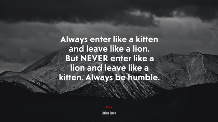 Always enter like a kitten and leave like a lion. But NEVER enter like a lion and leave like a kitten. Always be humble. | Carlson Gracie quote