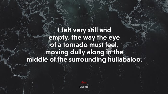 I felt very still and empty, the way the eye of a tornado must feel, moving dully along in the middle of the surrounding hullabaloo. | Sylvia Plath quote