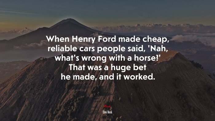 When Henry Ford made cheap, reliable cars people said, ‘Nah, what’s wrong with a horse?’ That was a huge bet he made, and it worked. | Elon Musk quote