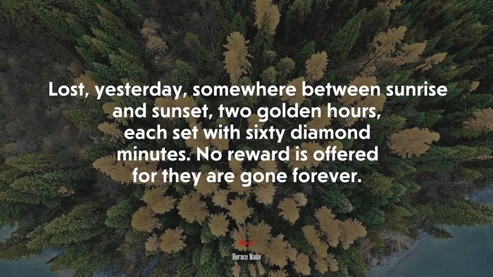 Lost, yesterday, somewhere between sunrise and sunset, two golden hours, each set with sixty diamond minutes. No reward is offered for they are gone forever. | Horace Mann quote