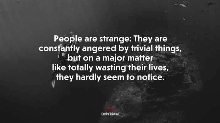 People are strange: They are constantly angered by trivial things, but on a major matter like totally wasting their lives, they hardly seem to notice. | Charles Bukowski quote
