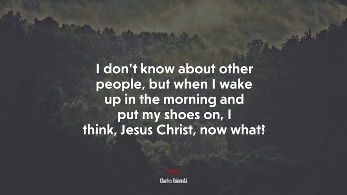 I don’t know about other people, but when I wake up in the morning and put my shoes on, I think, Jesus Christ, now what? | Charles Bukowski quote