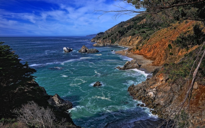 Rugged coastline with turquoise ocean waves and rocky cliffs