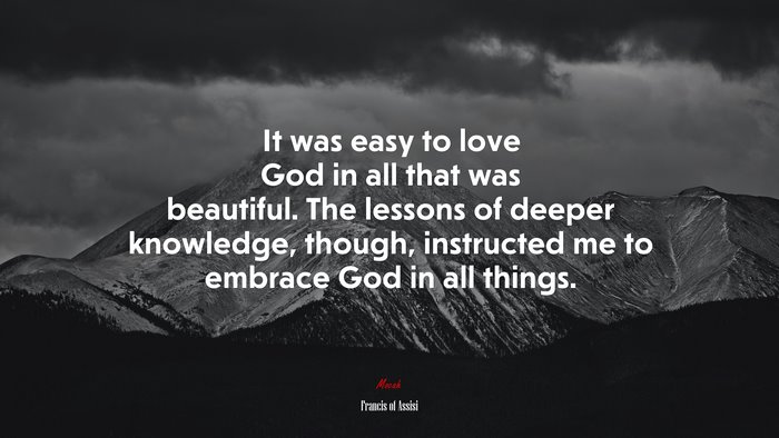It was easy to love God in all that was beautiful. The lessons of deeper knowledge, though, instructed me to embrace God in all things. | Francis of Assisi quote