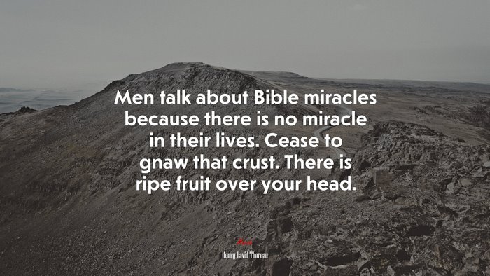 Men talk about Bible miracles because there is no miracle in their lives. Cease to gnaw that crust. There is ripe fruit over your head. | Henry David Thoreau quote