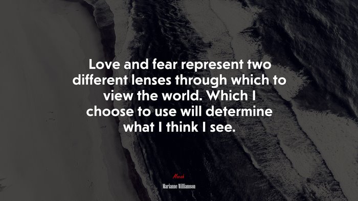 Love and fear represent two different lenses through which to view the world. Which I choose to use will determine what I think I see. | Marianne Williamson quote