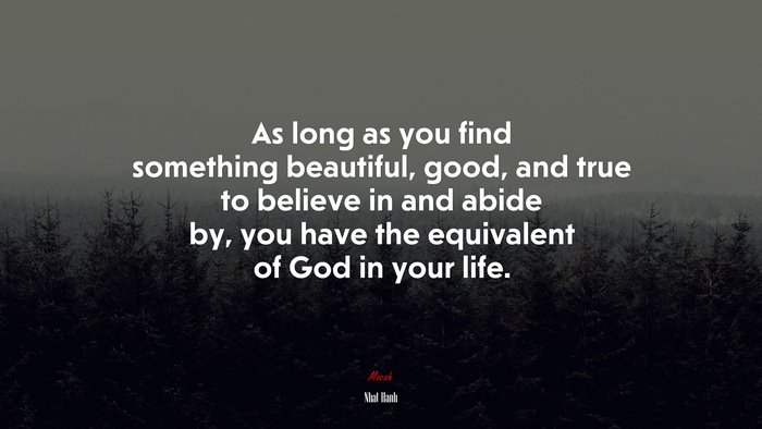 As long as you find something beautiful, good, and true to believe in and abide by, you have the equivalent of God in your life. | Nhat Hanh quote