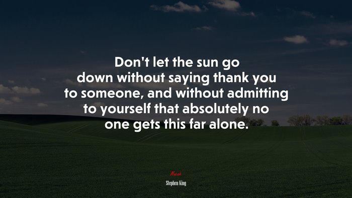 Don’t let the sun go down without saying thank you to someone, and without admitting to yourself that absolutely no one gets this far alone. | Stephen King quote